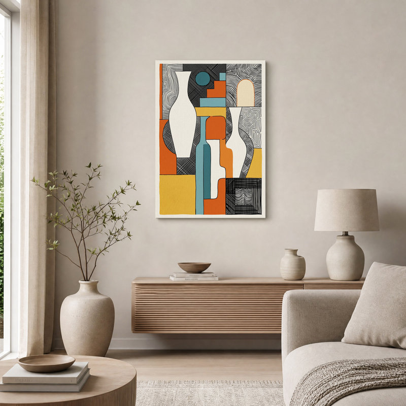 Vases géométriques rétro avec fond à motifs - Toile murale, H 30 po x l 20 po
