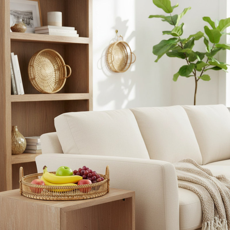 Ensemble de 3 plateaux ronds en bambou avec poignées, plat de service ou de présentation décoratif tissé brun