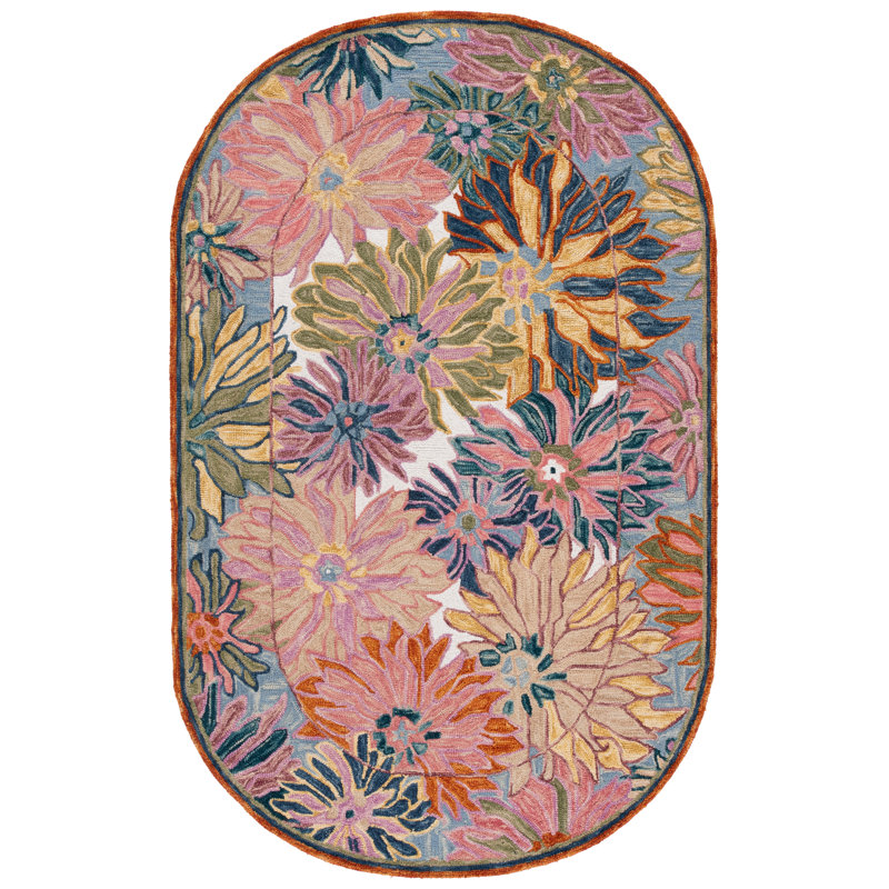 Elrey Hand-Tufted Wool and Cotton Floral Area Rug, Oval 5' x 8'
