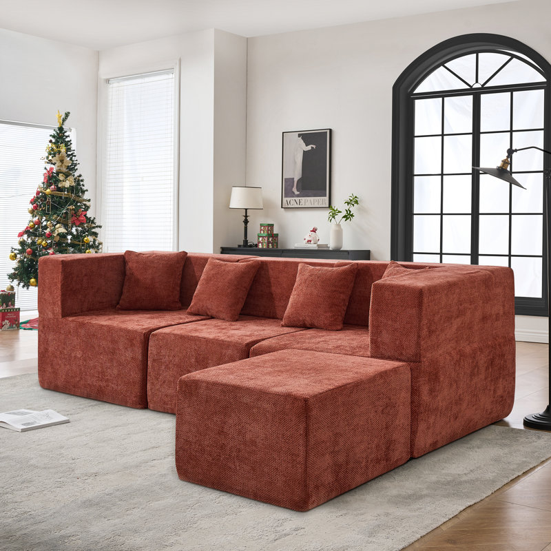 Cloud Modular Sectional Couch, L-Shaped Sectional with Boneless Design, Modern Minimalist Upholstered Couches Deep Seat Sleeper Sofa with Ottoman & Pillows