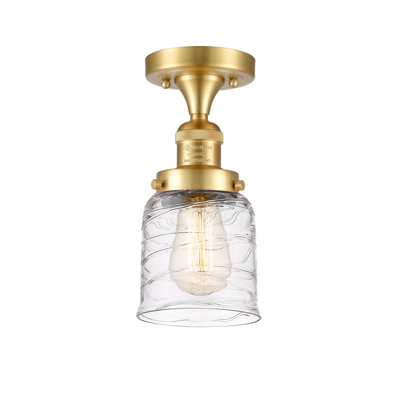 Archambault Glass Semi Flush Mount, 6 Watt Vinage LED Bulb, Satin Gold, Clear Deco Swirl
