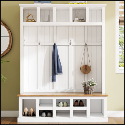 Arbre d'entrée de style ferme en bois avec banc de rangement large, armoire à chaussures d'entrée avec 13 compartiments, portemanteau élégant avec 6 crochets pour le vestibule, salon