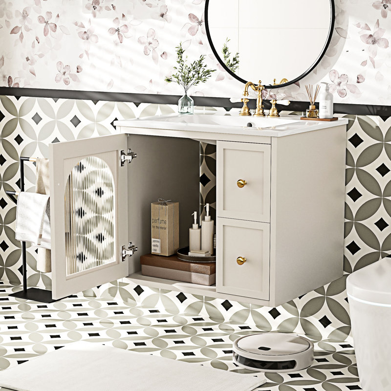 Meuble-lavabo mural avec lavabo en céramique, Beige