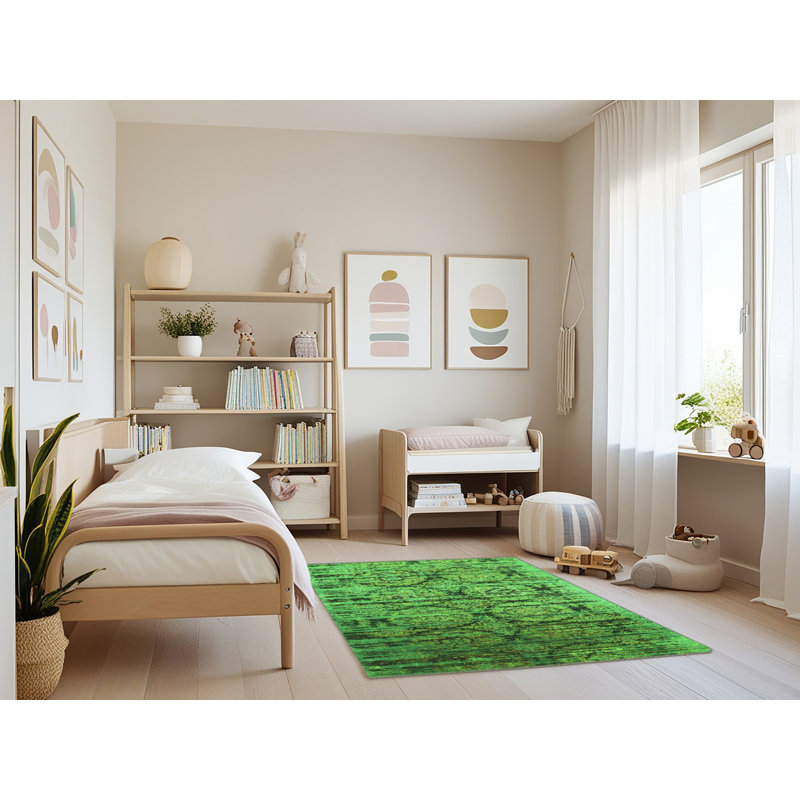 Tapis oriental en chenille / polyester tissé à la machine en vert / noir, Rectangle 3 pi x 5 pi