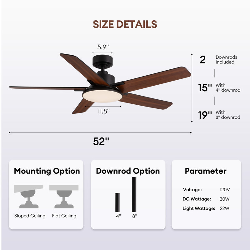 52" 5-Blade Modern Ceiling Fans with Lights and Remote Control, Black/Brown