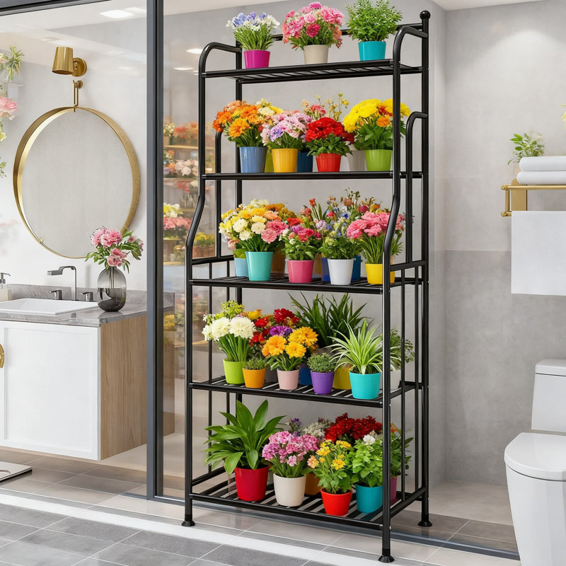 Support pour plante à 5 niveaux et tablette de rangement, support de rangement polyvalent pour l'intérieur et l'extérieur avec pieds réglables