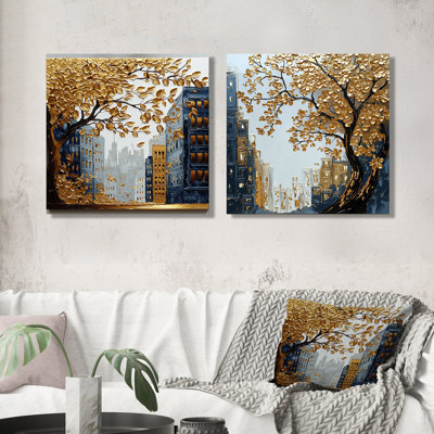 Gold and Blue Autumn Tree in Harlem I - New York City Wall Art - Industrial Wall Art For Living Room 2 Piece