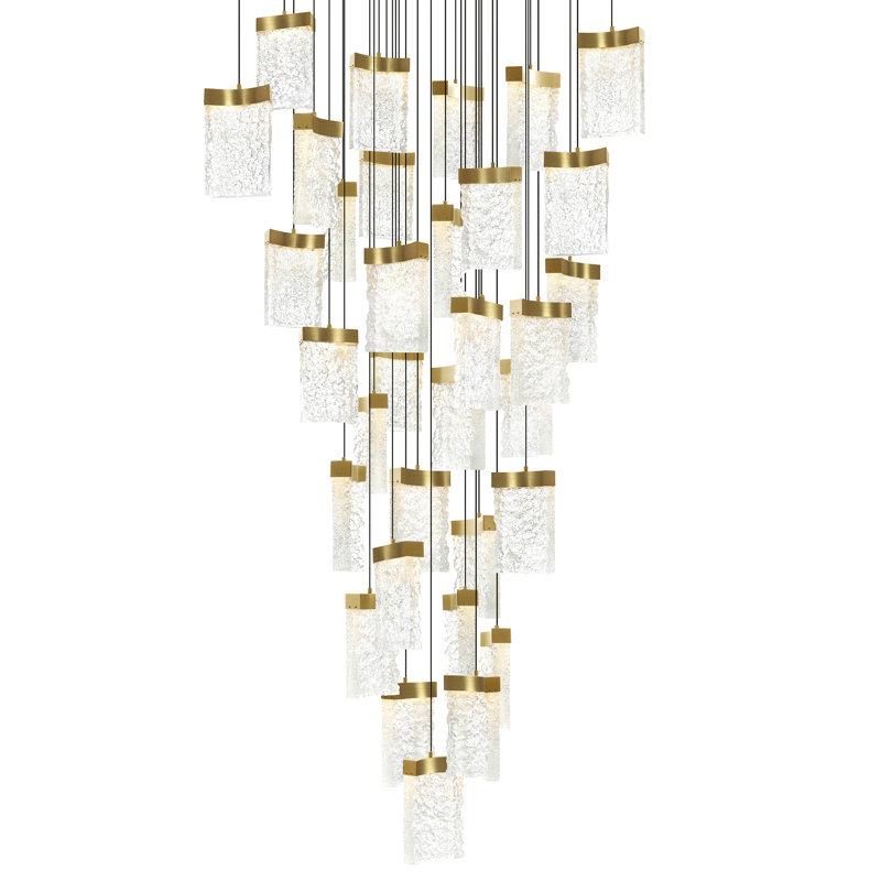 Integrated LED 36" Brass Modern Chandelier with Handmade Textured Glass for Dining Room Foyer Bedroom Living Room, Brass