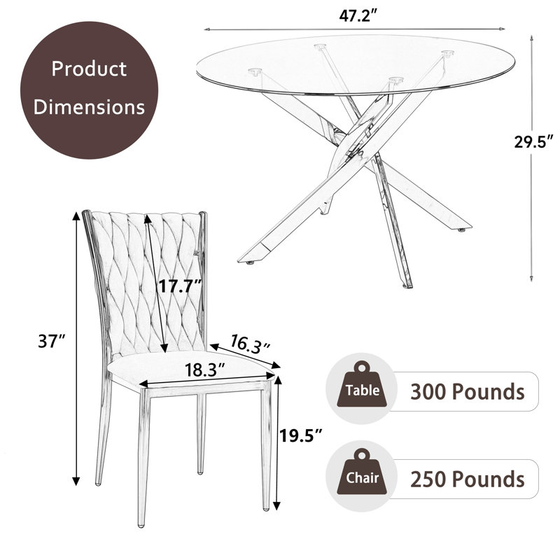 Glass Round Dining Table Set with Luxury Velvet Upholstered Dining Chairs, Brown, 5 Pieces: Table, 4 Chairs