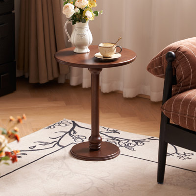 End Table, Round Pedestal Solid Wood Side Table, Kiln Dried Wood, Vintage Traditional Accent Drink Table, Walnut Finish, 19.7" H, for Living Room Bedroom Entryway