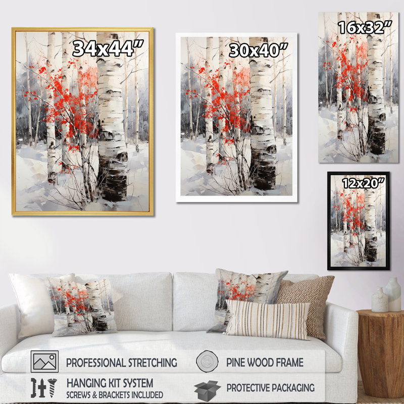 Bois de bouleau blanc et rouge en hiver sur toile, Cadre flottant doré, H 32 po x l 16 po x P 1 po