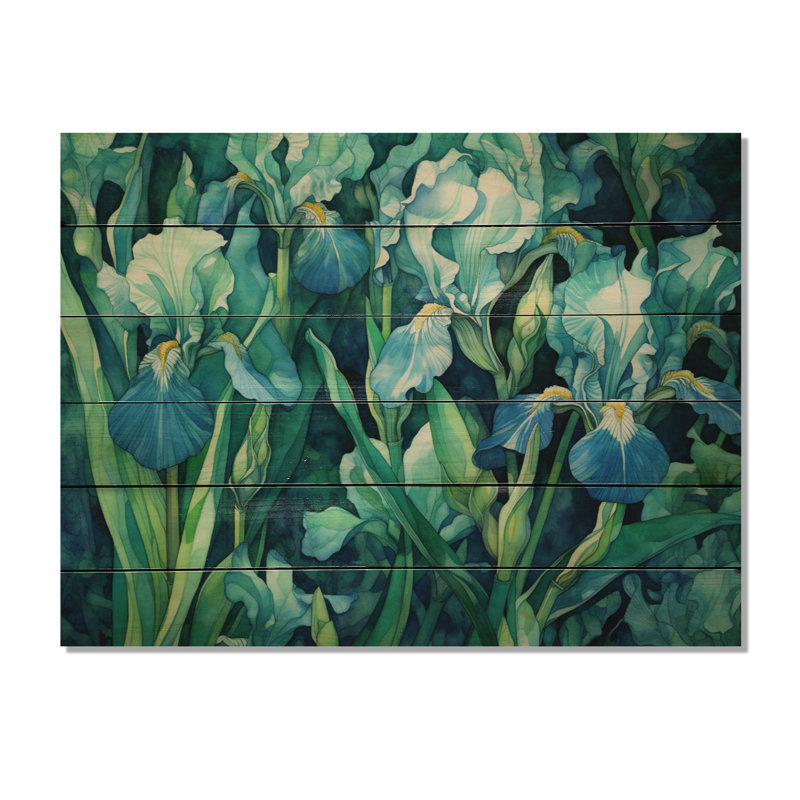 Iris vert pétale IV sur bois, H 10 po x l 20 po x P 0,78 po