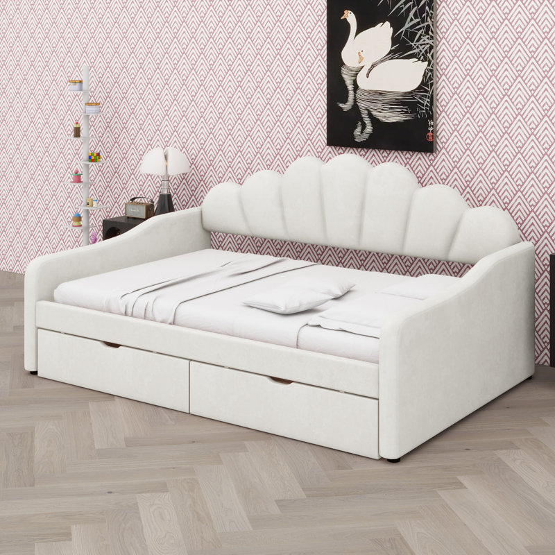 Lit de jour chic avec tête de lit incurvée et tiroirs de rangement dissimulés, Beige
