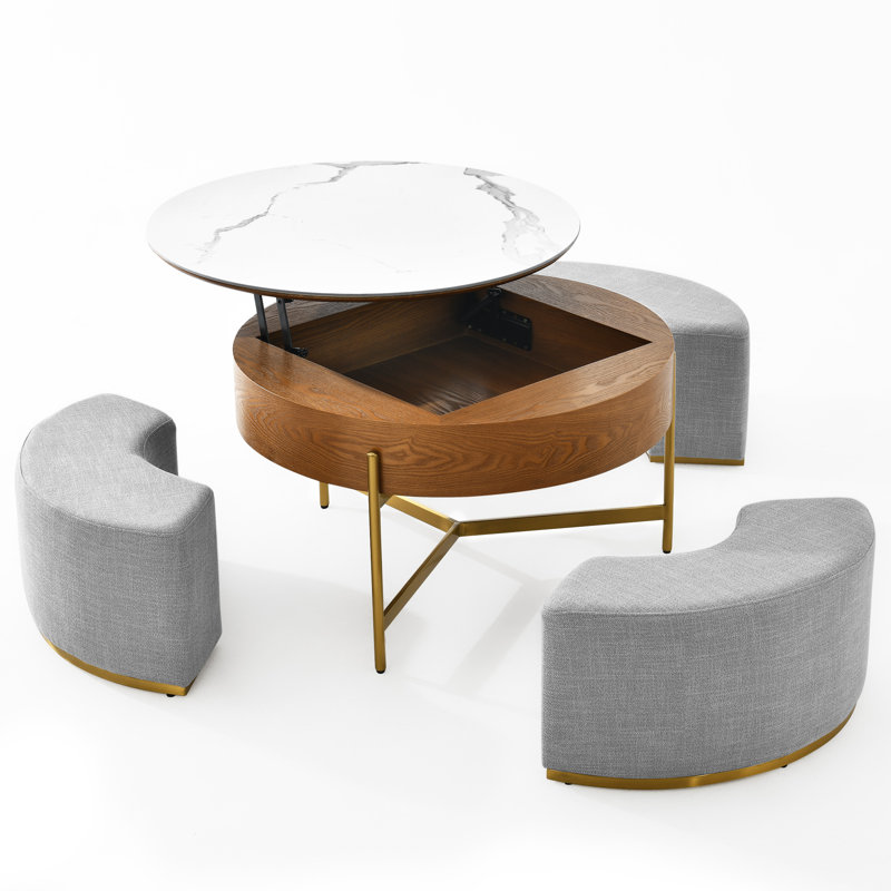 Kreitman Round Faux Marble Lift-Top Coffee Table Set With 3 Stools And Storage