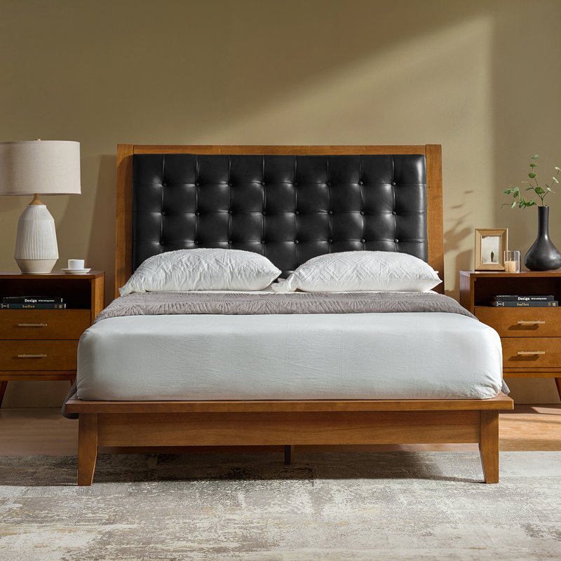  Aviannah Mid-Century Modern 78.5'' W Genuine Leather Solid Wood Platform Bed with Charging Ports, King, Black