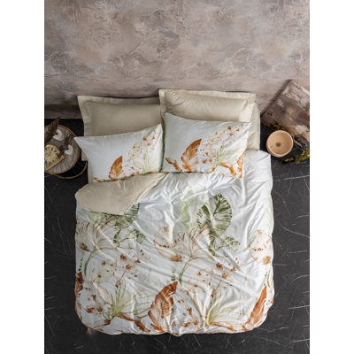 Luxury Satin Quilt Cover Set, 100% Cotton, Beige & White Green | Includes Duvet Cover (78.7 x 86.6), Flat Sheet (94.5 x 102.4), 4 Pillowcases (19.7 x 27.6) | Machine Washable, Reactive Printing, Elegant Design