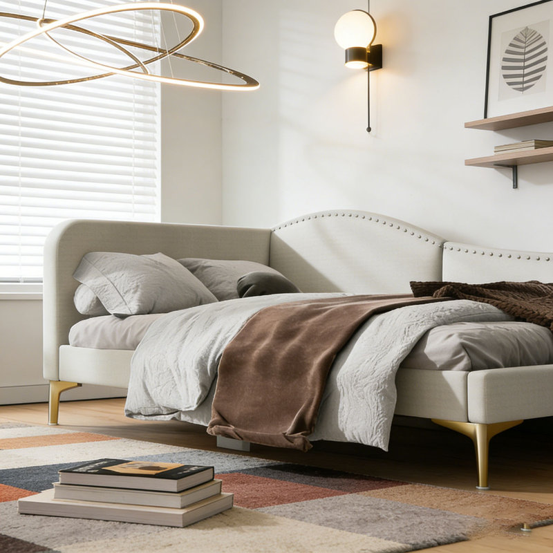 Upholstered Daybed with Headboard and Armrest, Beige, Full/Double