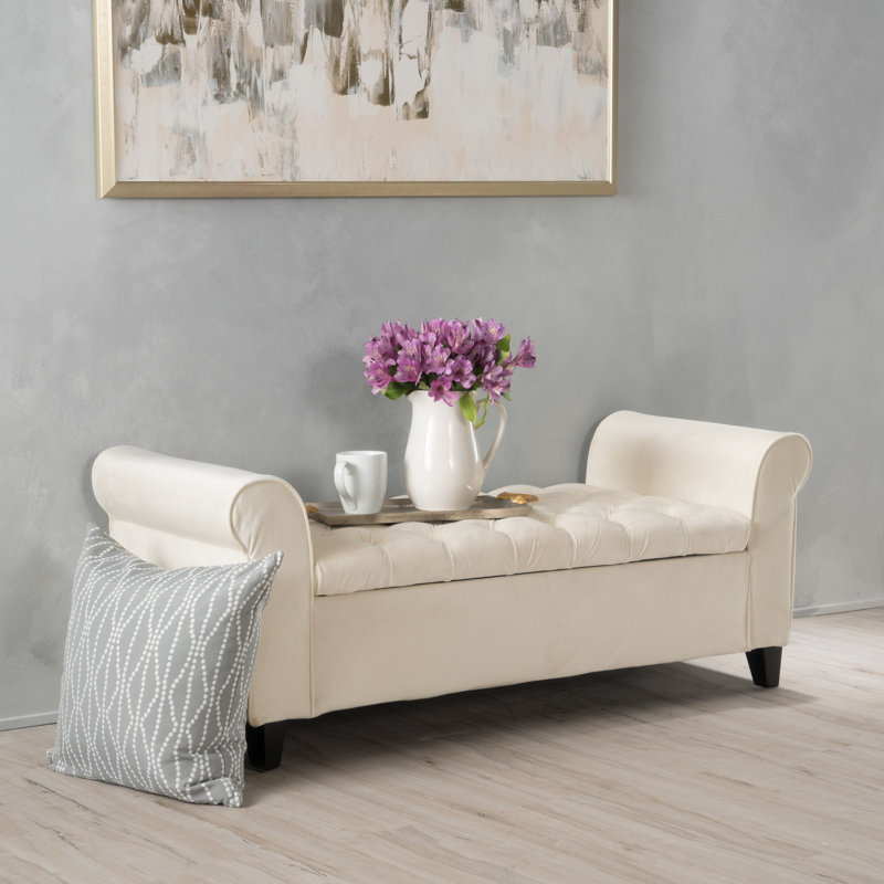 Banc de rangement en tissu au design capitonné et accoudoirs roulés