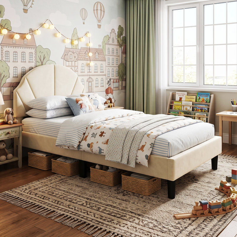UK & EU Single Velvet Kids Bed Frame with Adjustable Headboard, Soft Upholstered Children's Bed, Pink & Beige, 90x190/200cm