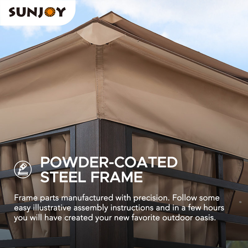 Sunjoy 11 ft. x 13 ft. Gazebos with Planters, Contempo Outdoor Patio Steel 2-Tier Soft Top Gazebo with Netting and Curtains