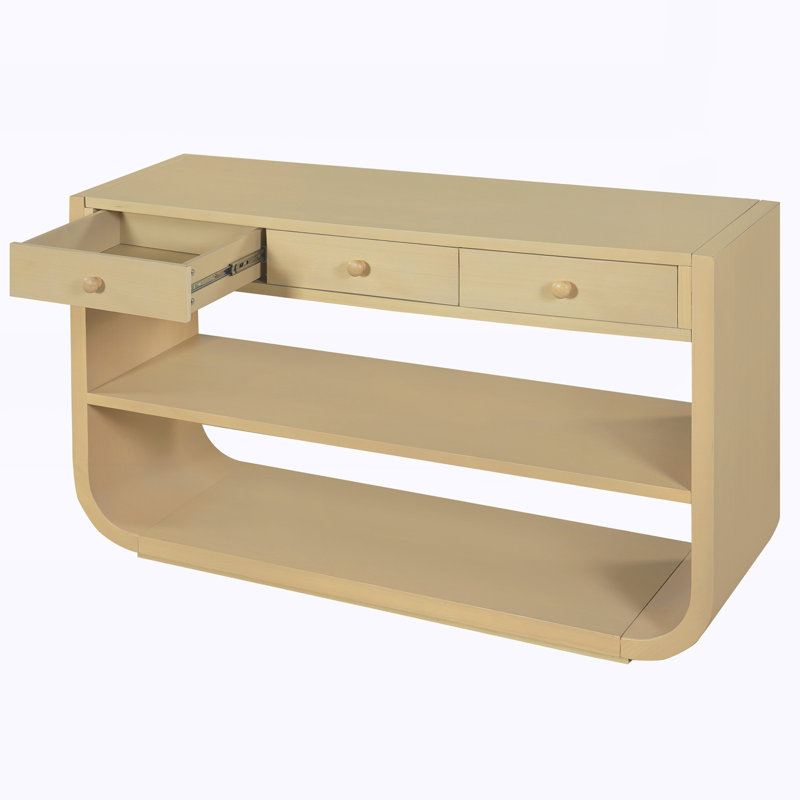 Console moderne avec 3 tiroirs à fermeture en douceur et 2 tablettes ouvertes, base en bois massif, Natural