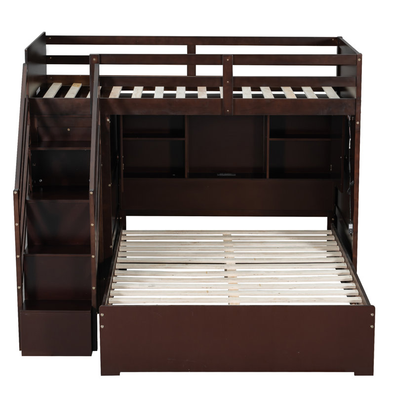 Lit superposé simple au-dessus d'un lit double avec escalier de rangement, garde-robe, USB et Ligh, espresso, Espresso