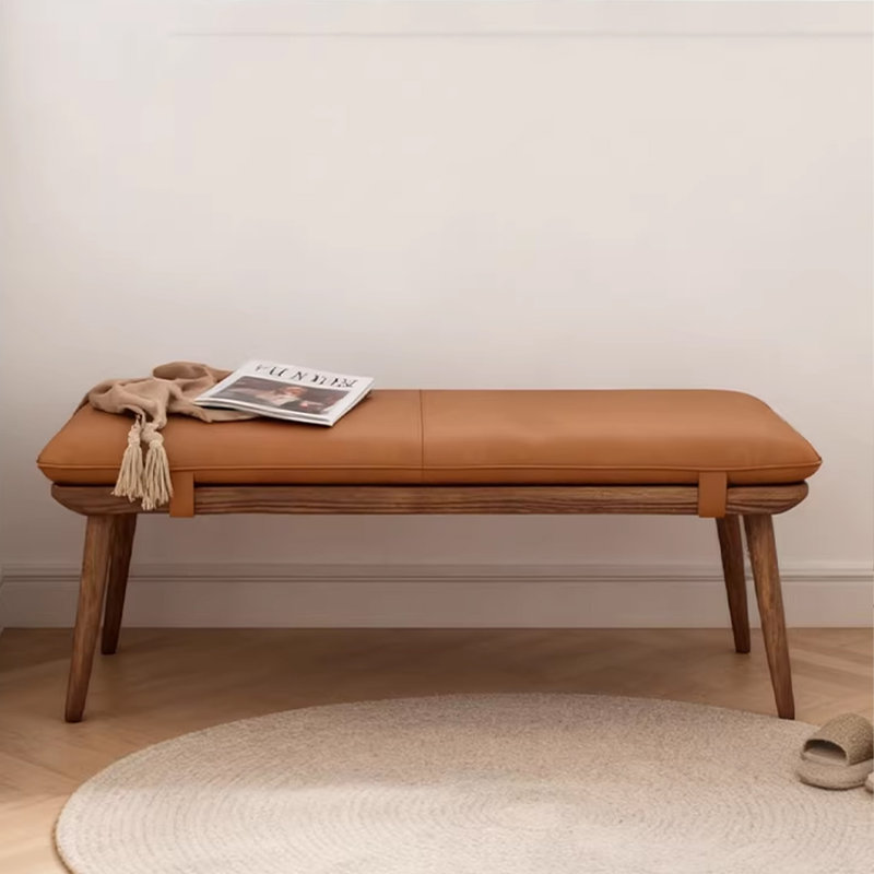 Banc en bois de frêne massif avec coussin amovible en cuir fleur, H 14,83 po x l 39,17 po x P 14,83 po