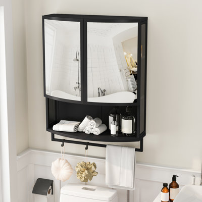 Élégante armoire à deux portes en verre arqué noir de 23,03 po, miroir incassable, porte-serviettes, tablettes, décoration intérieure, étagère ouverte esthétique, grand espace de rangement