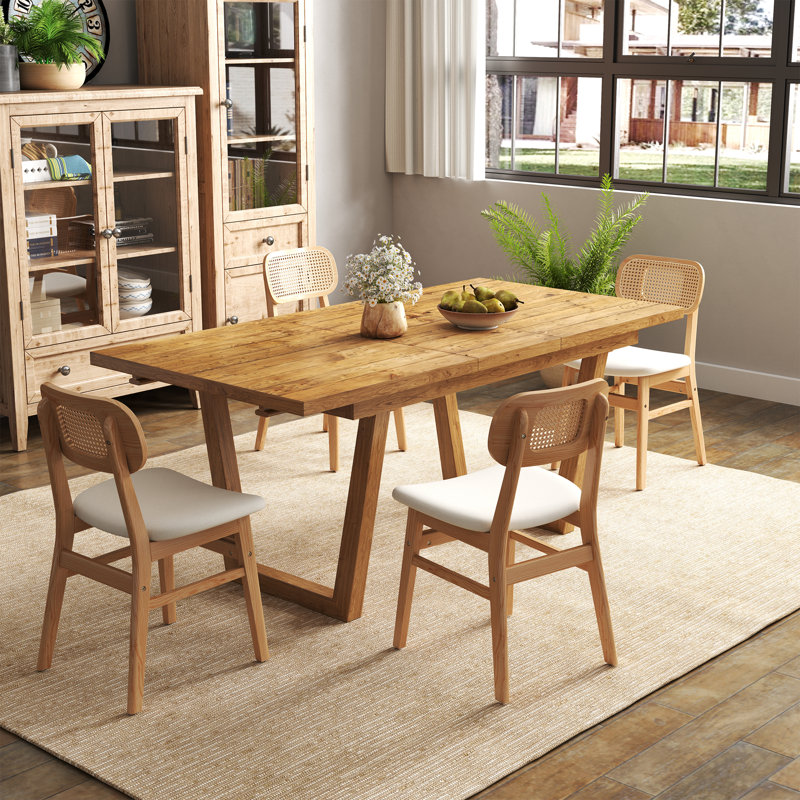 Farmhouse Dining Table Set, Solid Wood Extendable Dining Table And Rattan Back Dining Chair For Dining Room/Kitchen/Living Room