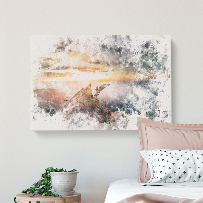 Rocks In The Ocean Watercolour - Wrapped Canvas Print, 35cm H x 50cm W x 3cm D