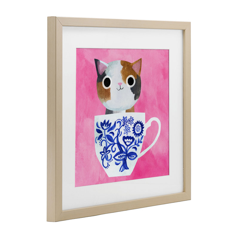 «Whimsical Teacup Kitten», reproduction sous verre, conception par Angie Rozelaar, Cadre de récolte en pin, H 16 po x l 16 po