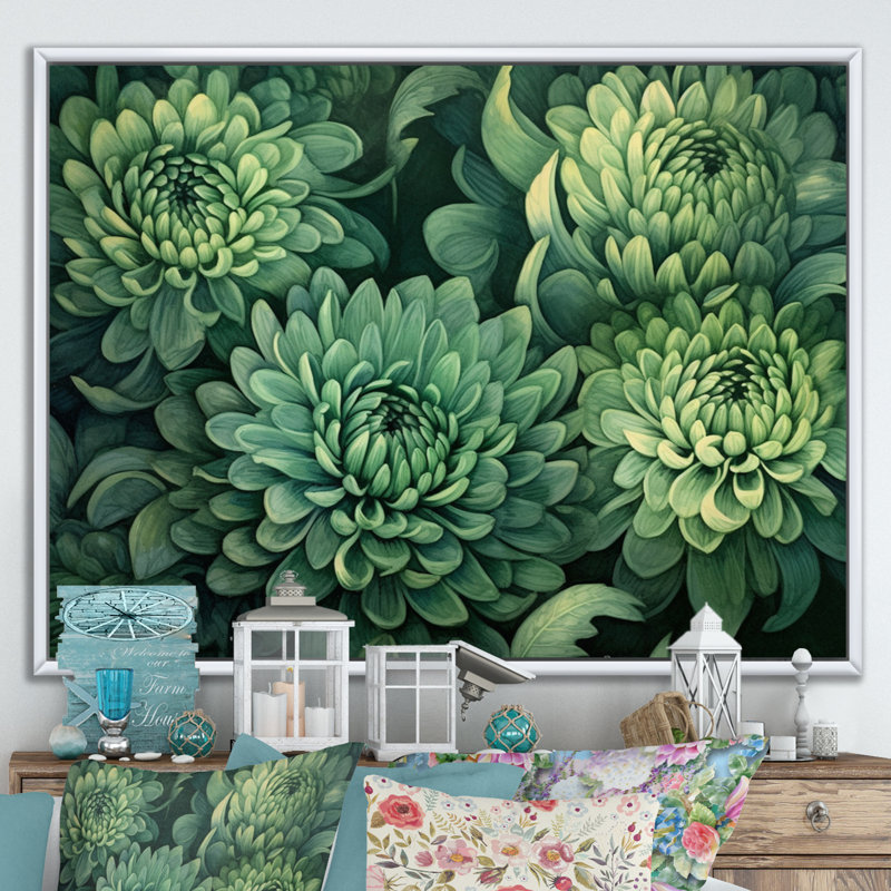 «Green Mums In Bloom» sur toile, Cadre flottant blanc, H 34 po x l 44 po x P 1,5 po
