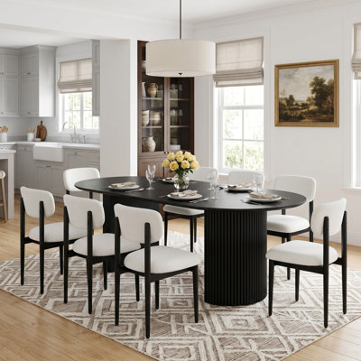 79" Solid Wood Oval Dining Table Set With 8 Fabirc Upholstered Dining Chairs Modern Double Pedestal Dining Set For Seats 8