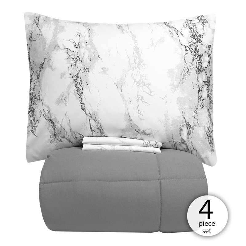 Ensemble de literie en édredon Marble, Gris, Édredon simple + 4 pièces supplémentaires