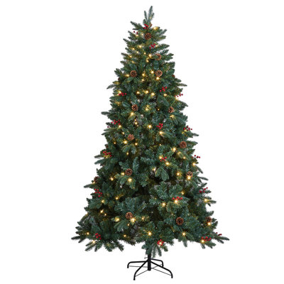 Sapin de Noël vert de 2,3 m avec pommes de pin et baies rouges, en PVC+PE, 1200 extrémités de branches, 300 DEL blanc chaud, 3 sections, automatique.