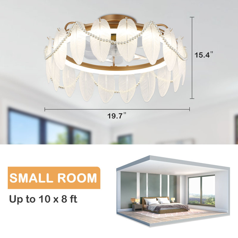 Ventilateur de plafond en cristal 20 po avec éclairage à DEL à intensité variable Allegra, abat-jour en cristal en forme de plumes et perles