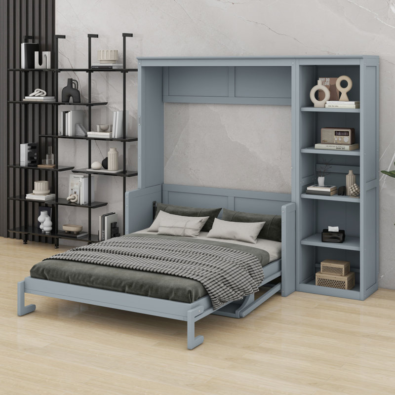Lit escamotable avec bureau et bibliothèque Murphy, Gris, Double