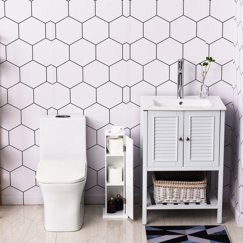Armoire à papier hygiénique - Petit organisateur de coin de salle de bain blanc avec portes et tablettes