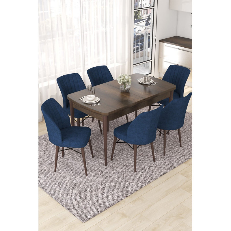 Ensemble de table et chaises de salle à manger extensible (7 pièces), baroque et bleu marine, table: 44,9 po x 30,7 po x 27,6 po | 100% panneau de fibres à densité moyenne avec pieds et chaises en bois: 17,7 po x 35,4 po x 16,5 po | Sièges en mousse confortables, élégants et fonctionnels pour les salles à manger modernes