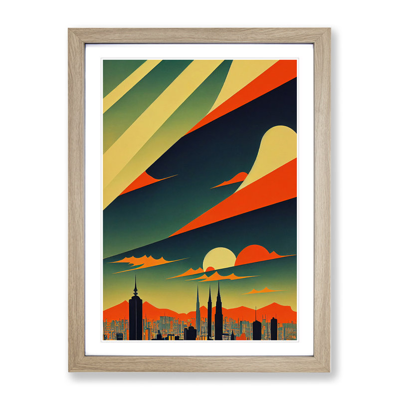 City Skyline Deco No.2 - Single Picture Frame Print, 64cm H x 46cm W x 2cm D, Oak