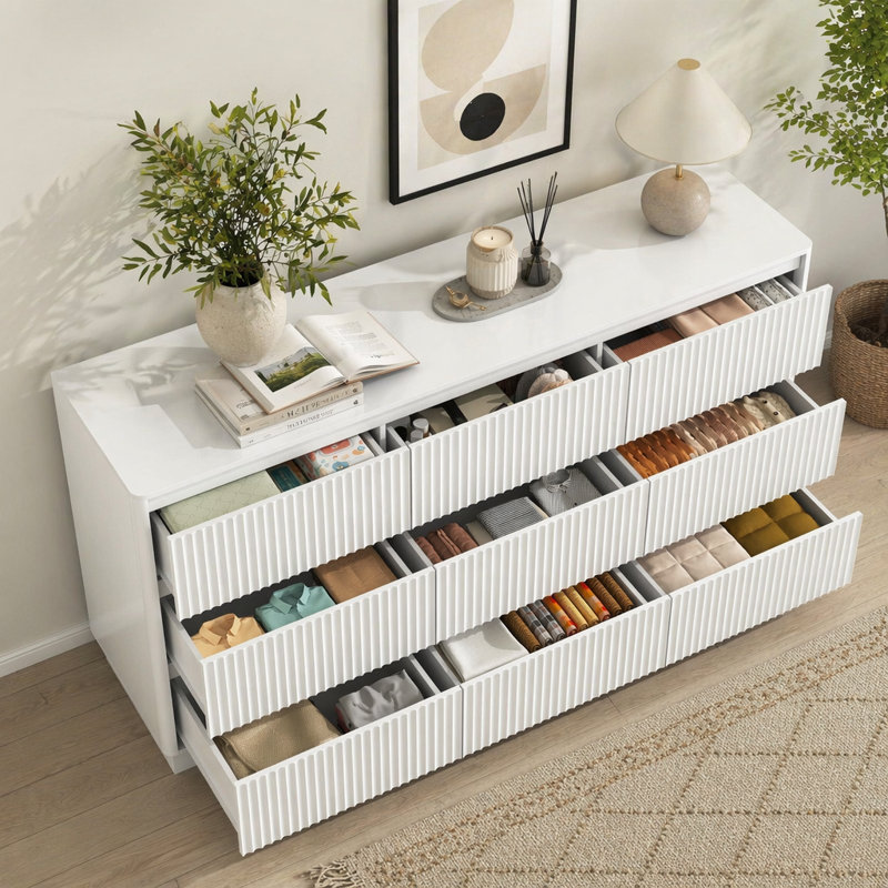 Meuble télé Mid-Century moderne avec 9 grands tiroirs, White