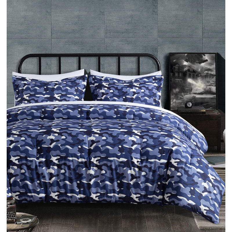 Ensemble d'édredon réversible en microfibre imprimé camouflage 3 pièces, Édredon double + 2 taies décoratives standards