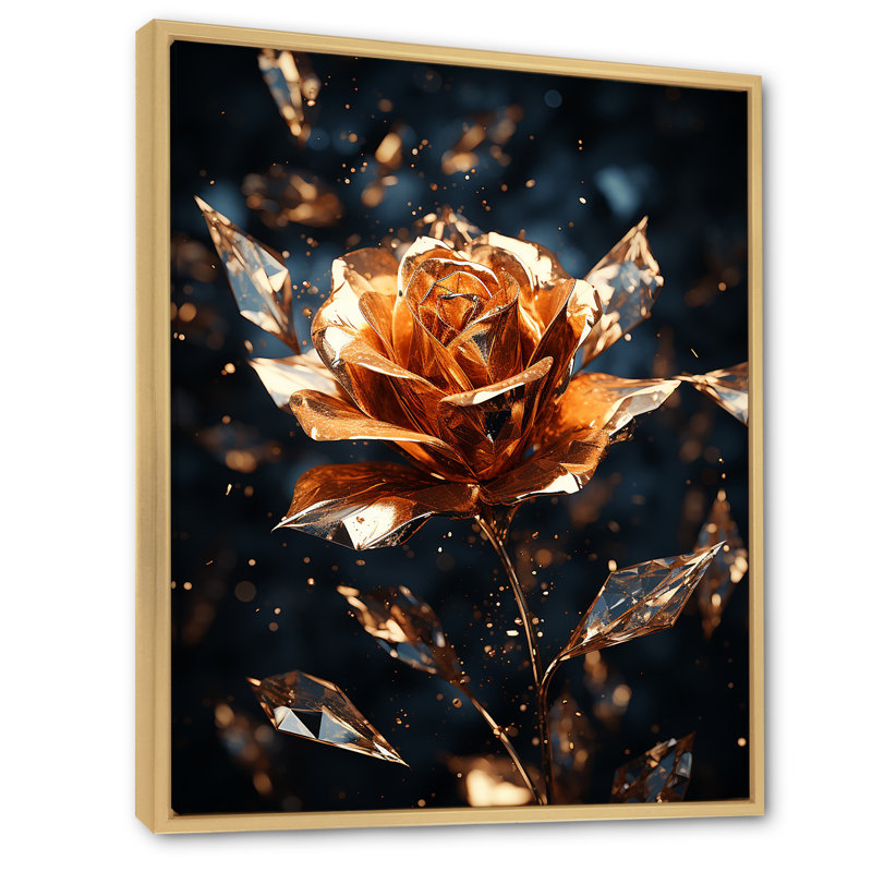 Art mural doré doré et roses noires I - Rose, Cadre flottant brun, H 20 po x l 12 po