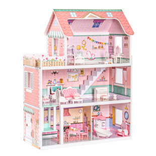 ROBOTIME 3 Level Girl Wooden Dollhouse Kids Pretend Play Doll House W/  Furniture