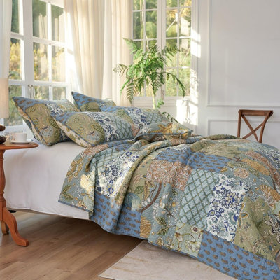Ensemble de courtepointe 100% coton vert sauge très grand King - couvre-lit léger patchwork réversible avec taies décoratives assorties