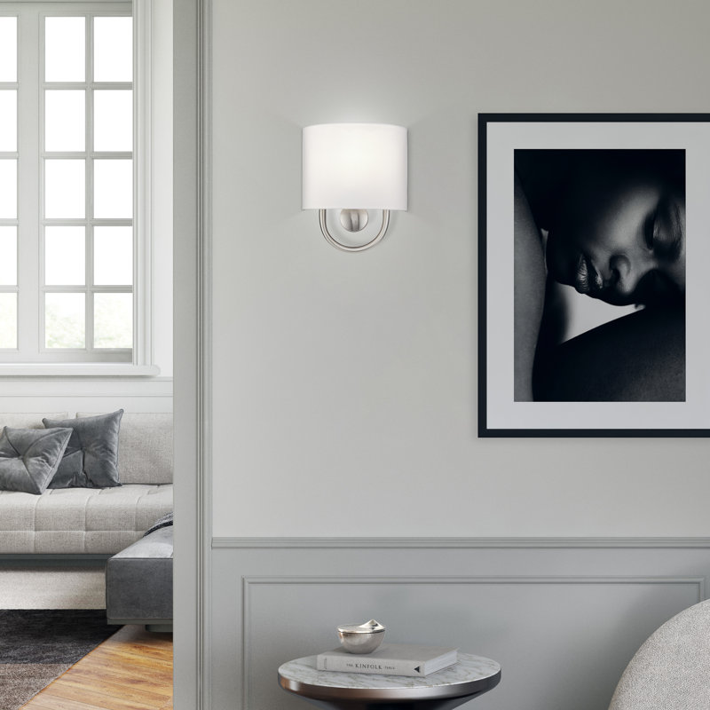 1 Light Brushed Nickel ADA Sconce With Hand Crafted Off-White Fabric Shade, Brushed Nickel
