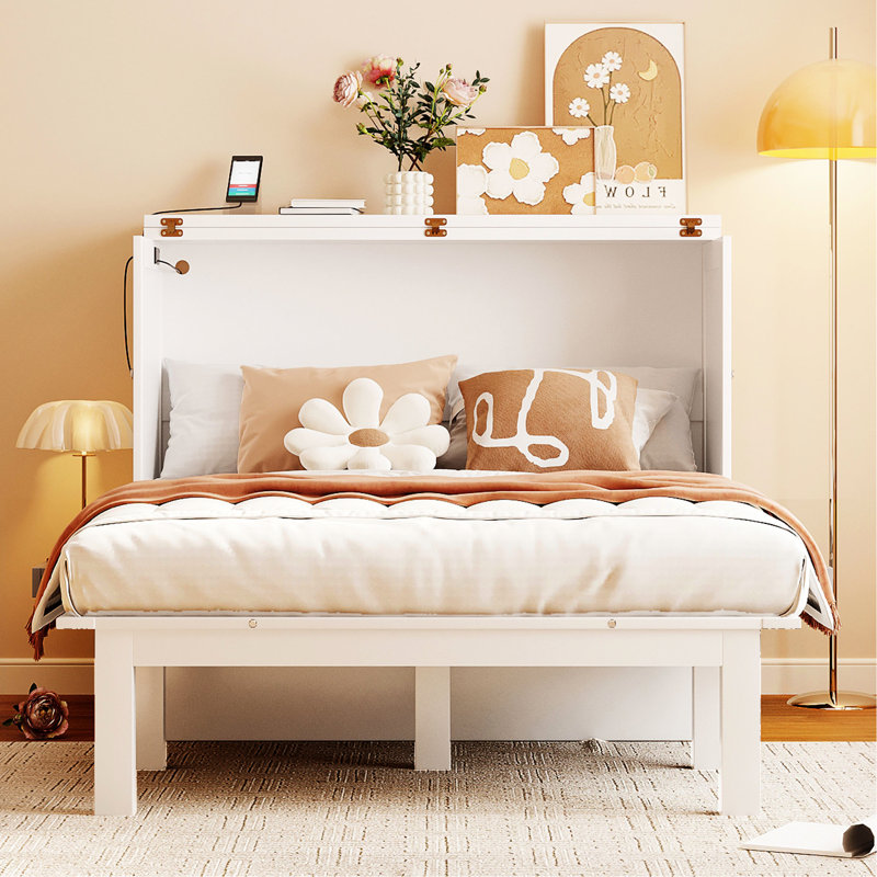 Grand lit Space avec tablette de rangement électrique et de bureau amovible - stable et durable, Grand lit, Blanc