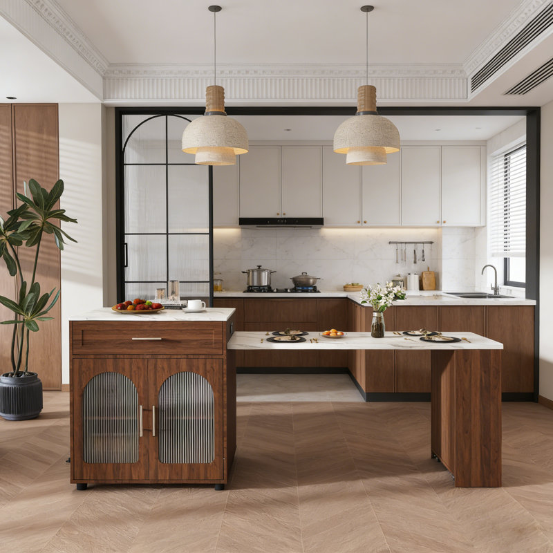 Îlot de cuisine extensible de 80 po de largeur avec plateau en faux marbre, table de salle à manger à abattants et prises intégrées