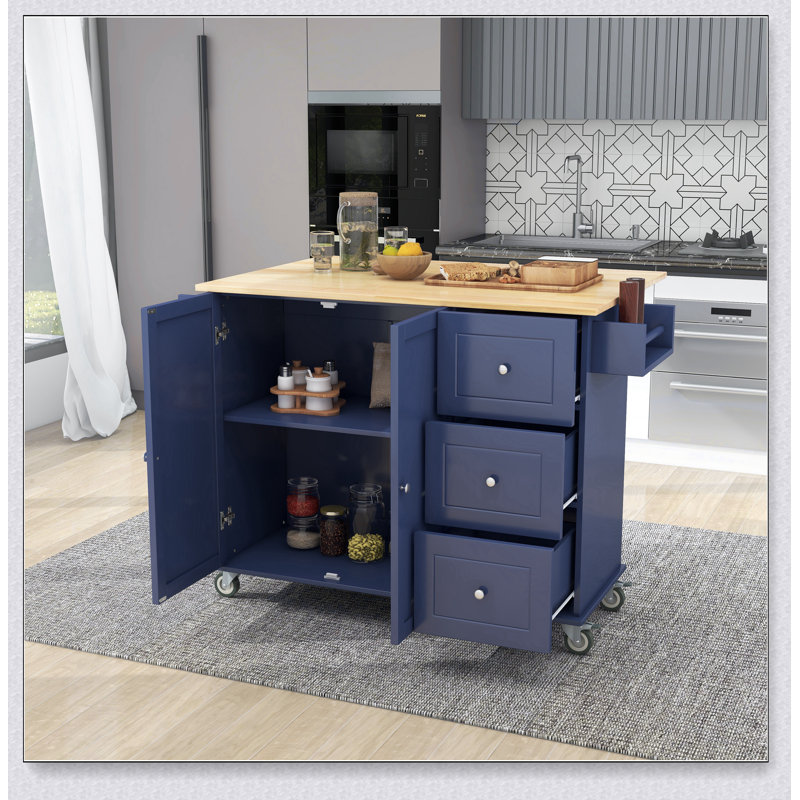 Îlot de cuisine avec abattant - plateau en bois massif, roues verrouillables et armoire de rangement