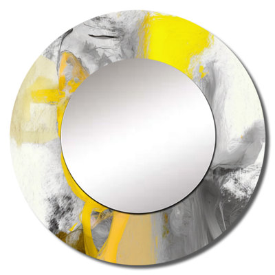 Searia Mustard Yellow And Vivid Gray I - Abstract Wall Mirror, White Round Decorative Mirror, Printed Metal Art